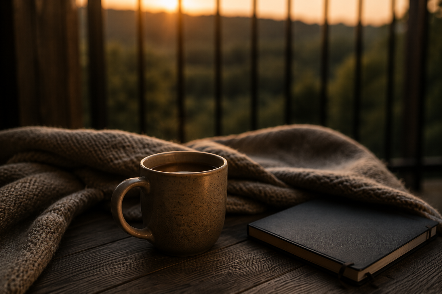 Coffee on the deck at sunrise overlooking the Ozark forest