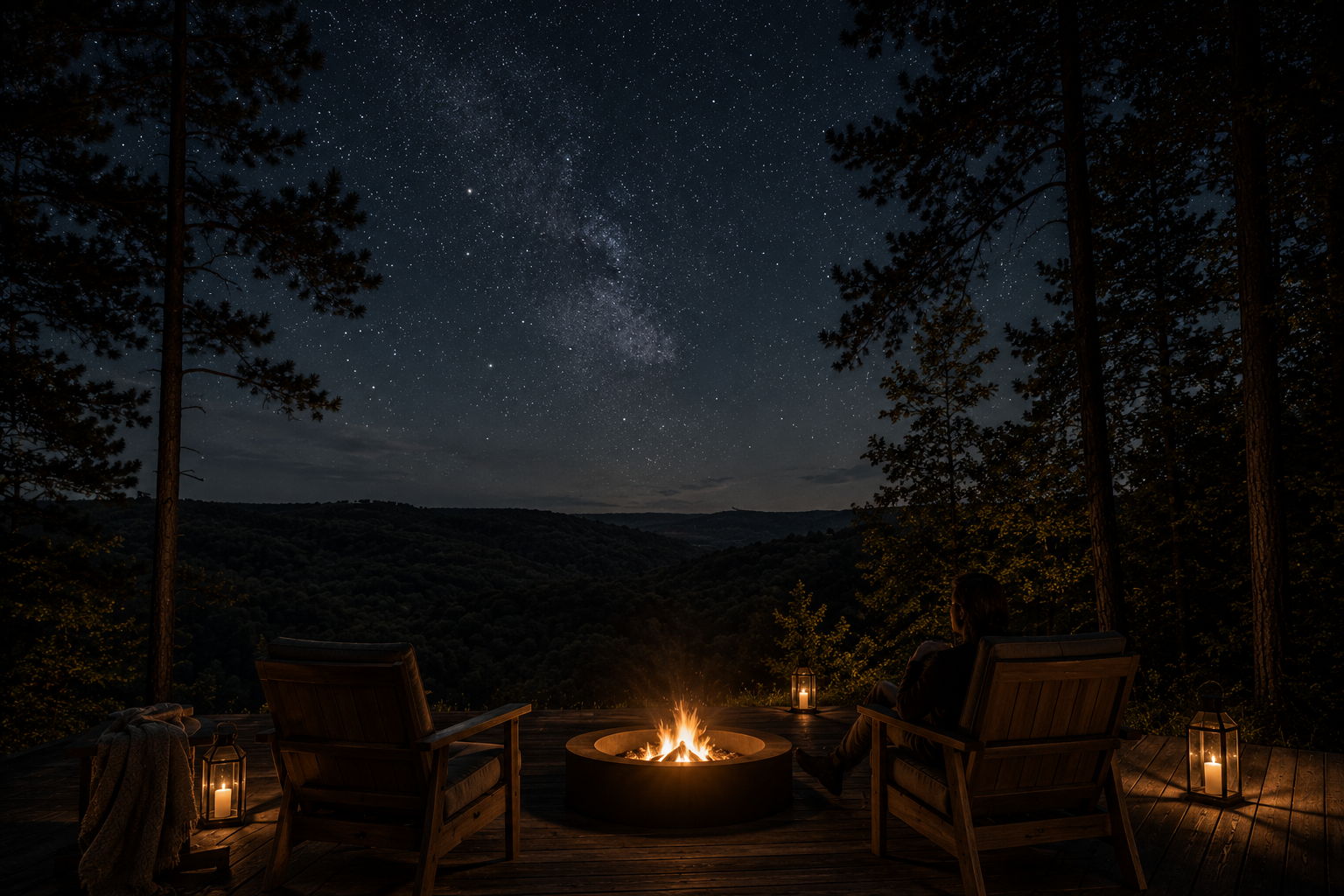 Night sky over the Ozark Highlands with a fire pit on a wooden deck
