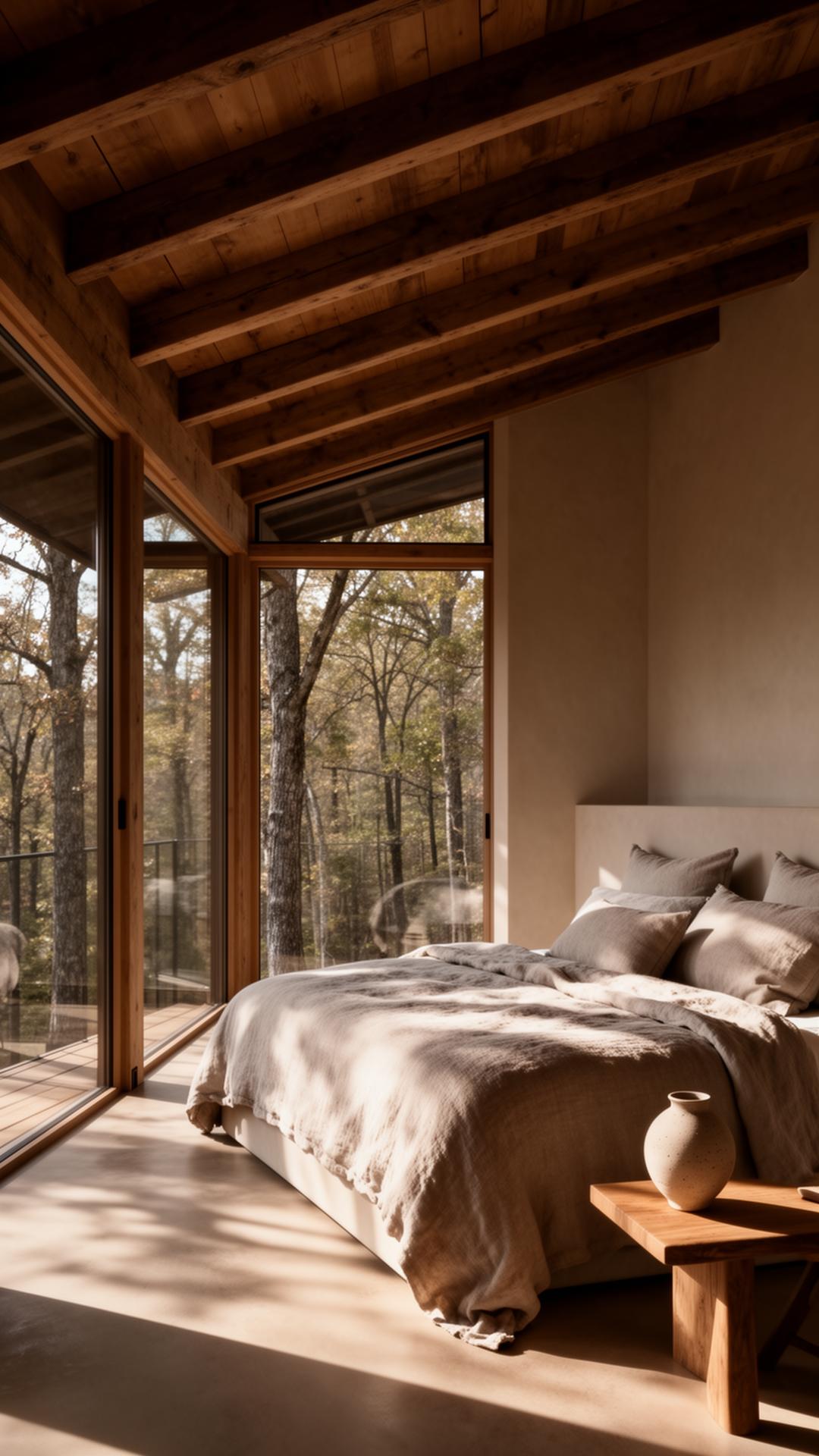 Interior of the treetop loft with linen bedding and forest views